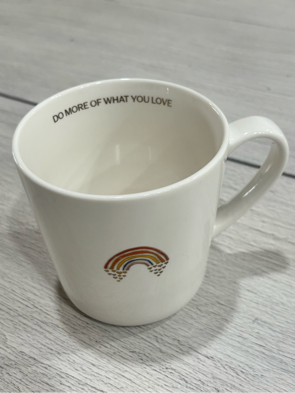 WILLIAMS SONOMA White Rainbow Graphic “Do More Of What You Love” Mug 12 Ounces.